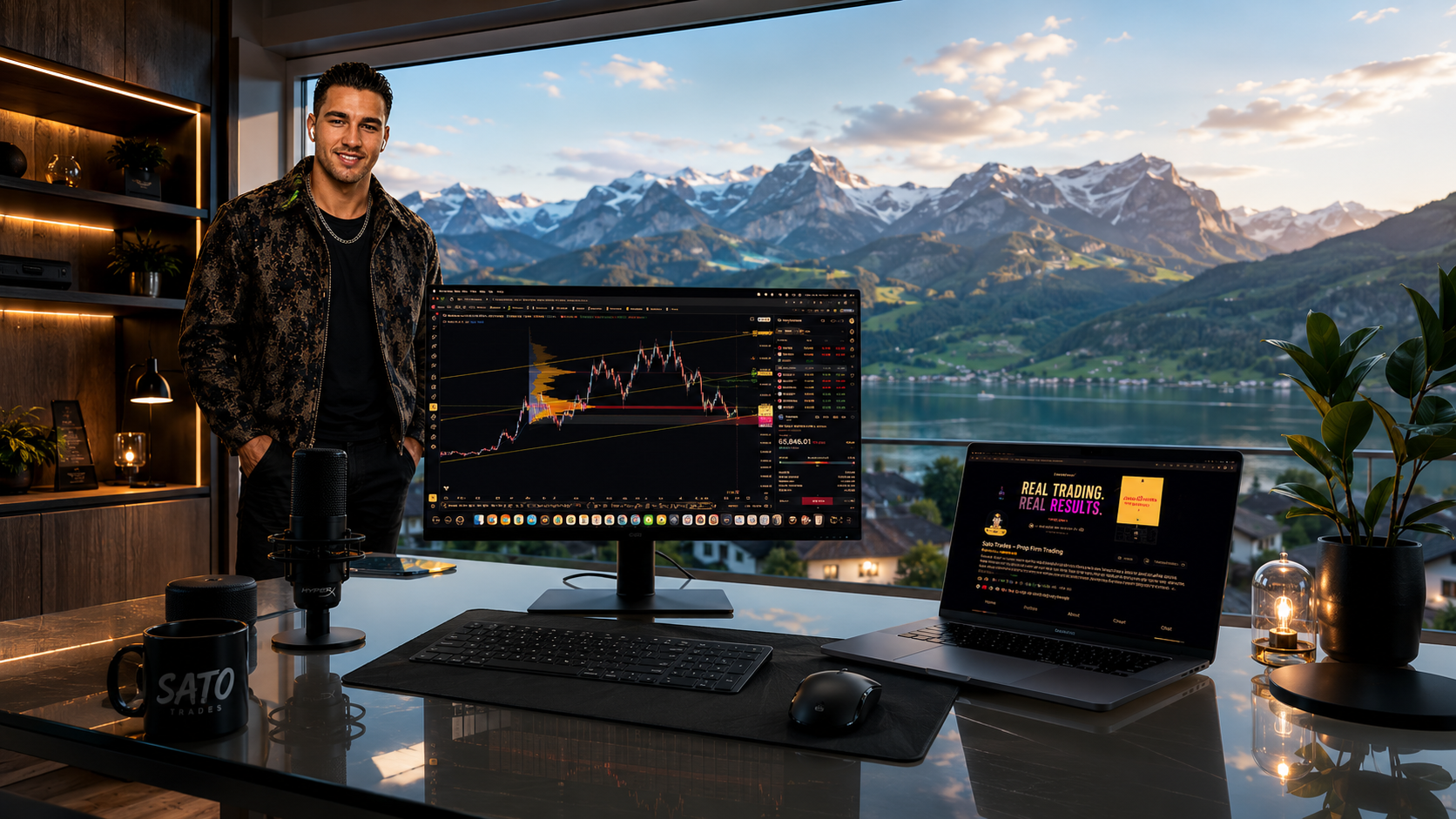 SATO Trades live trading desk overlooking the Swiss alps
