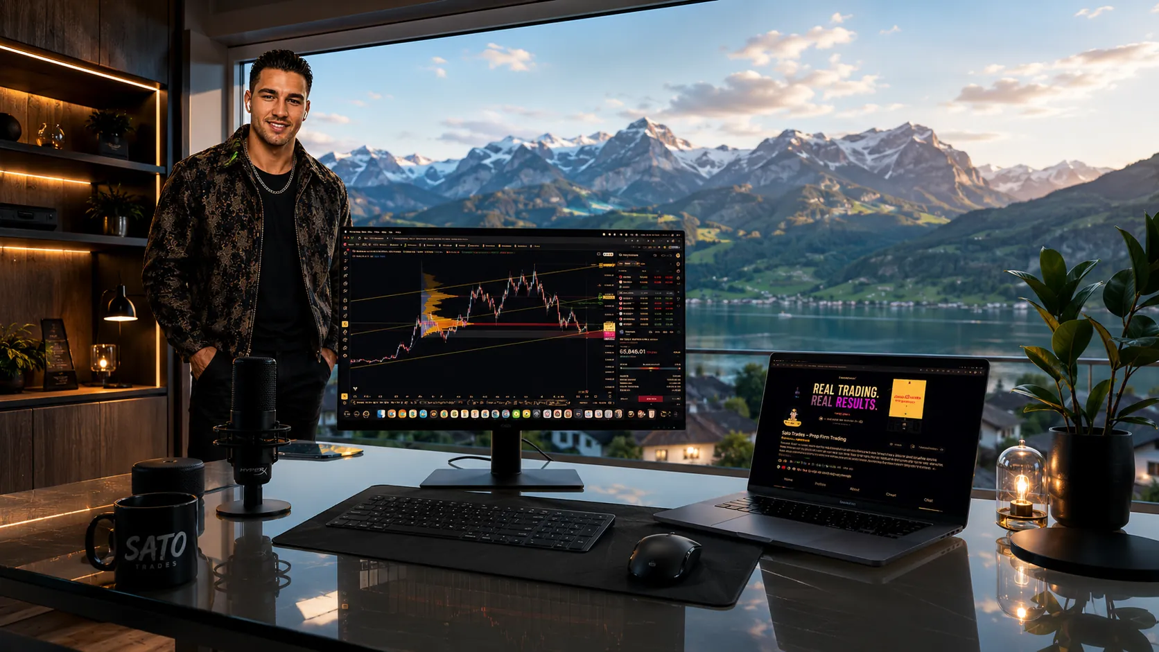 SATO Trades live trading desk overlooking the Swiss alps